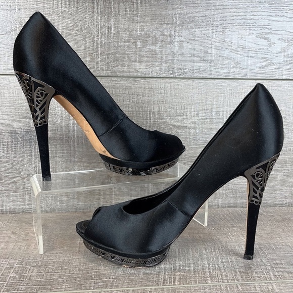 BCBGMAXAZRIA sz 6.5 Dalton black satin peep toe platform pumps metal accents - Picture 7 of 15